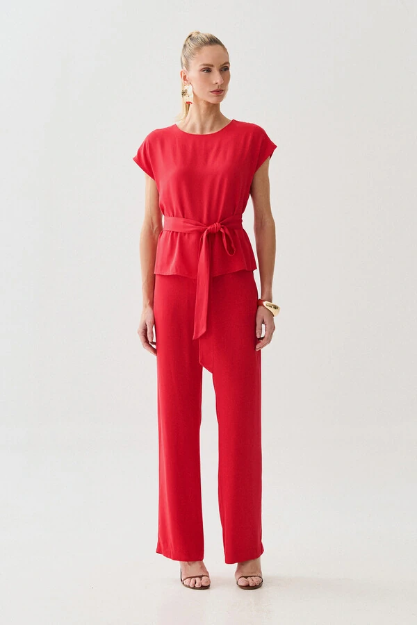 Conjunto de Blusa Manga Morcego Cinto e Calça Reta