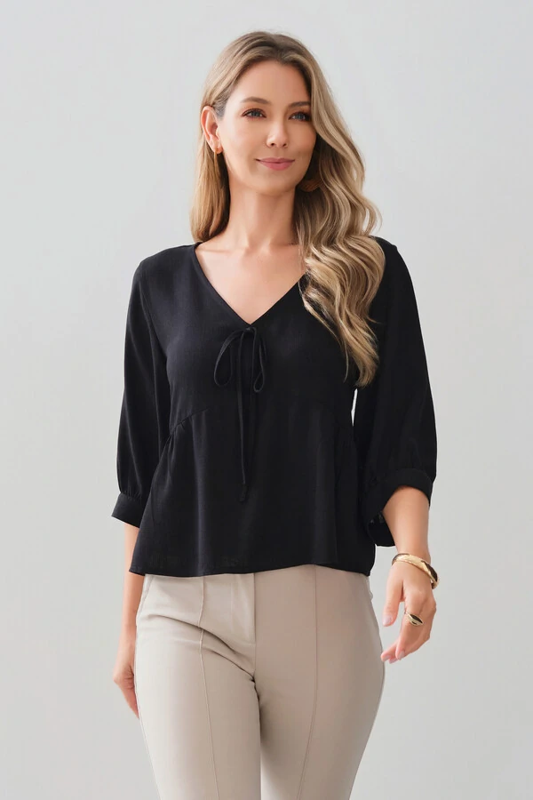 Blusa Manga 3/4 Punho Decote V Laço Recorte Busto