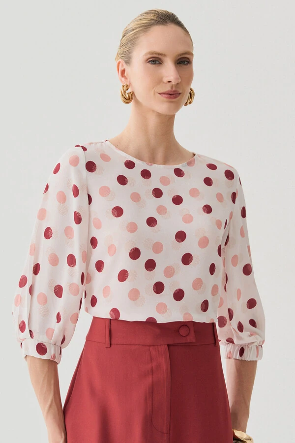 Blusa Poa Manga 3/4 Elástico Pregas