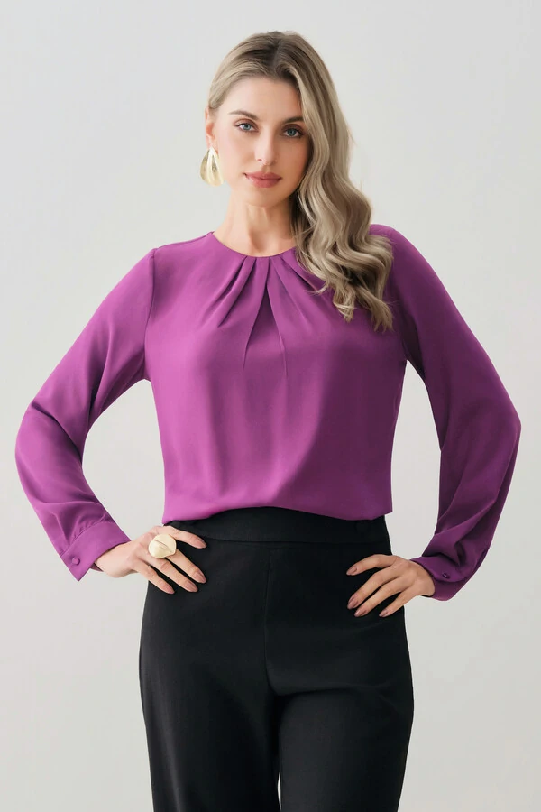 Blusa Manga Longa Punho Decote Pregas