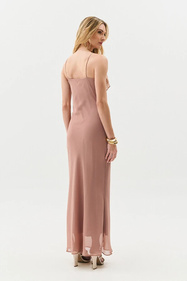 Vestido Longo de Alcinha de Chiffon Yoryu Decote V Babado Laço