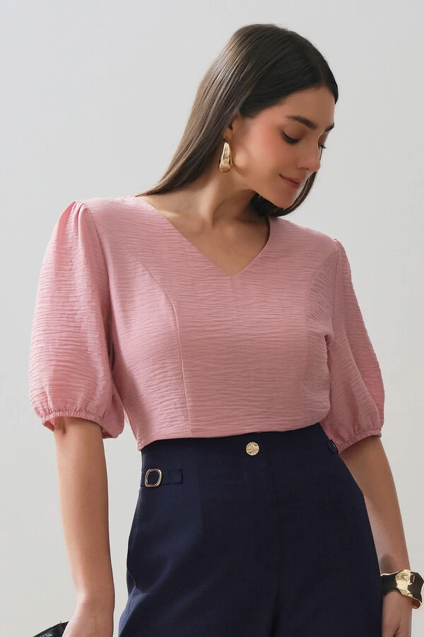 Blusa Manga Elástico Decote V Recortes