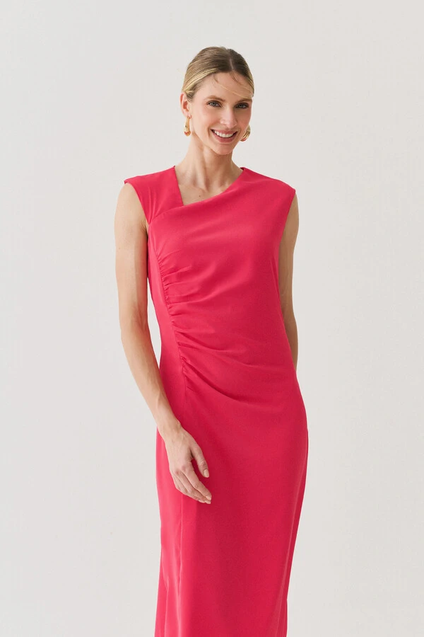 Vestido Midi Regata Decote Assimétrico Franzidos