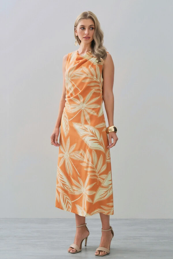 Vestido Midi Regata Assimétrico Drapeado Folhagem Ombro Lateral Franzidos