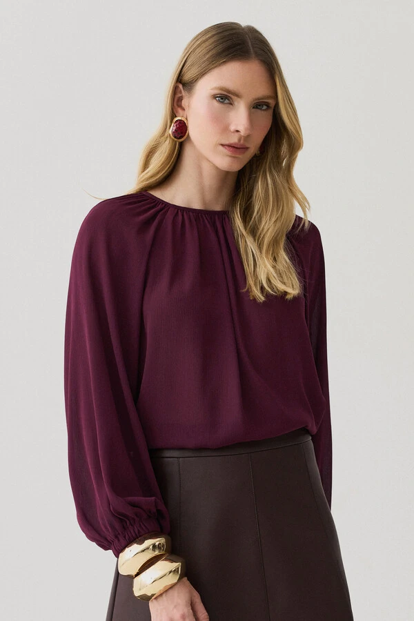 Blusa Assimétrica de Chiffon Yoryu Manga Longa Raglan Ampla Elástico Decote Franzido