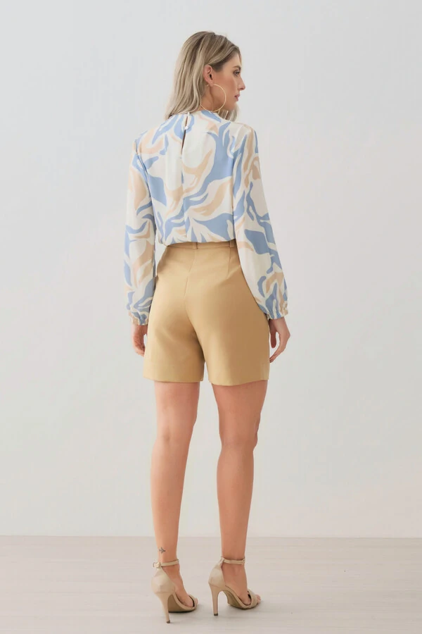 Blusa Assimétrica Abstrata Manga Longa Punho Double Gola Careca Baixa Ombro Direito Pregas Double