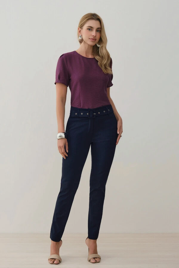 Calça Cigarrete Double Cinto Fivela Forrada Ilhós