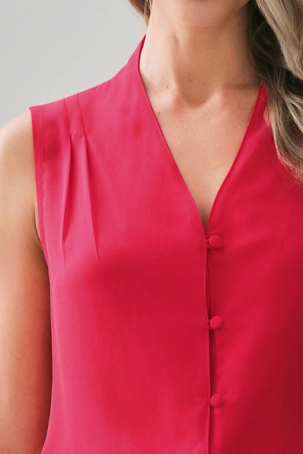 Camisa Regata Decote V Ombro Pregas Double Mini Botões Forrados