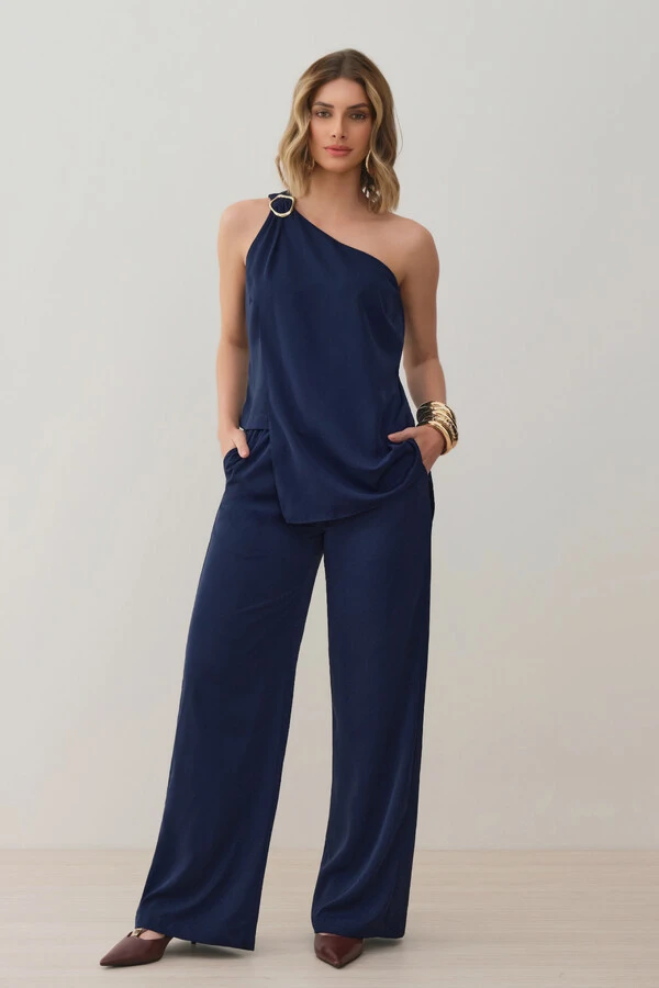 Conjunto de Blusa Regata Dupla Assimétrica Um Ombro Só Gold e Calça Pantalona Elástico