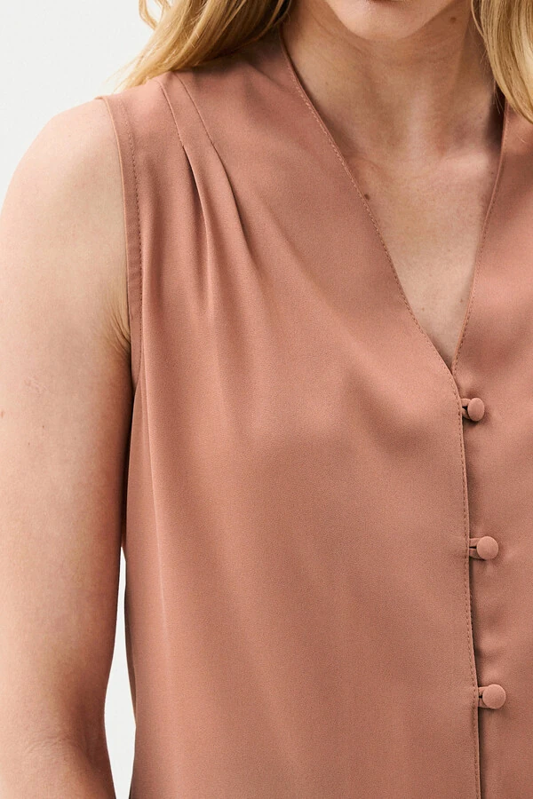 Camisa Regata Decote V Ombro Pregas Double Mini Botões Forrados