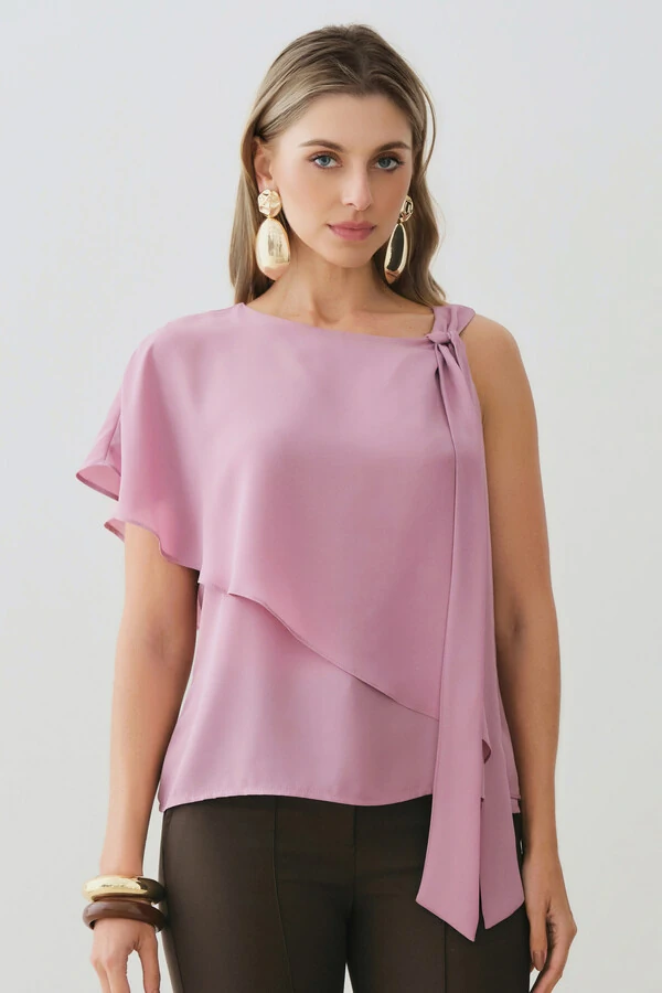Blusa Assimétrica Dupla Transpassada Um Ombro Só Laço