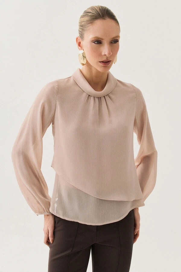 Blusa Dupla Transpassada Assimétrica de Chiffon Yoryu Manga Longa Gola Dobrada