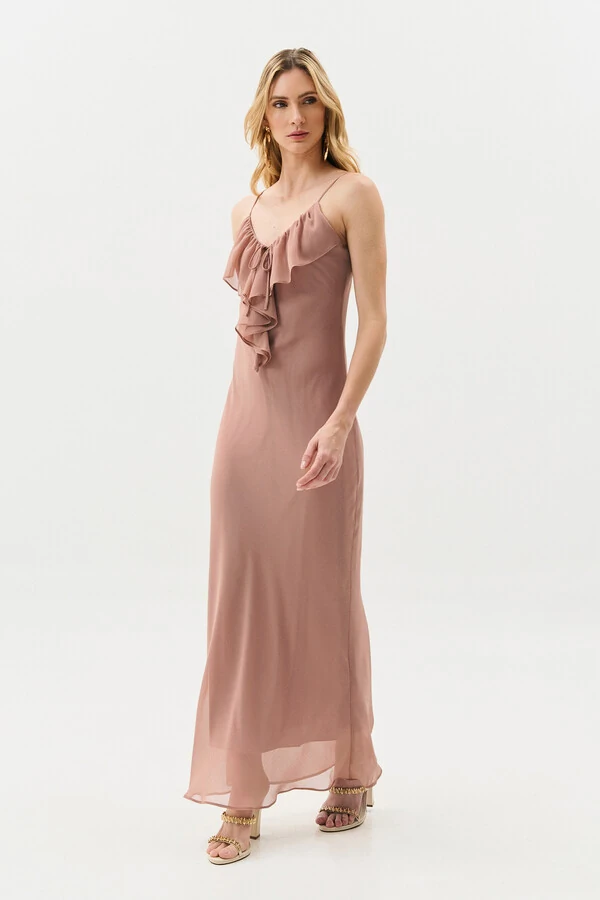 Vestido Longo de Alcinha de Chiffon Yoryu Decote V Babado Laço