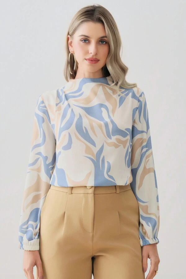 Blusa Assimétrica Abstrata Manga Longa Punho Double Gola Careca Baixa Ombro Direito Pregas Double