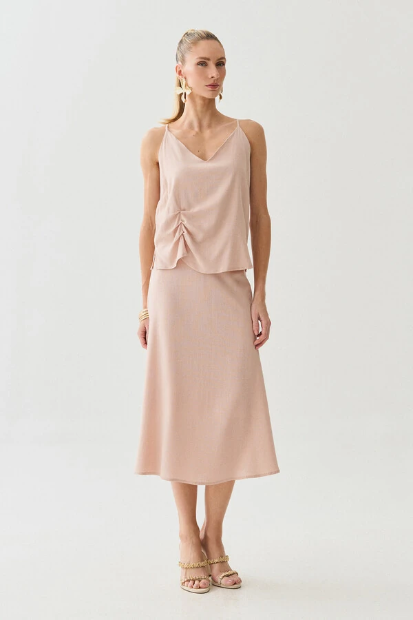 Conjunto de Blusa de Alcinha Assimétrica Decote V Lateral Pregas e Saia Midi Godê