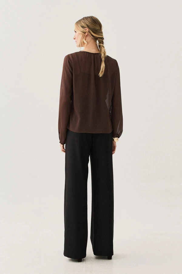 Blusa de Chiffon Yoryu Manga Longa Decote Gota Laço