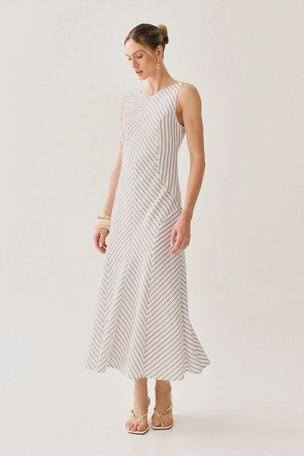 Vestido Midi Regata Listrado Recortes