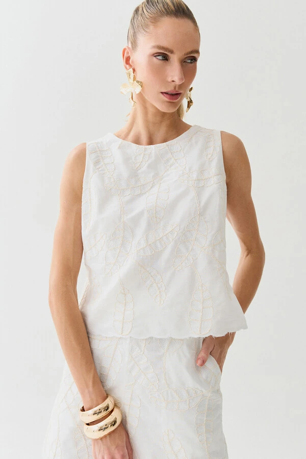 Conjunto de Algodão Bordado Folhagem de Blusa Regata Barrada e Shorts Barrado