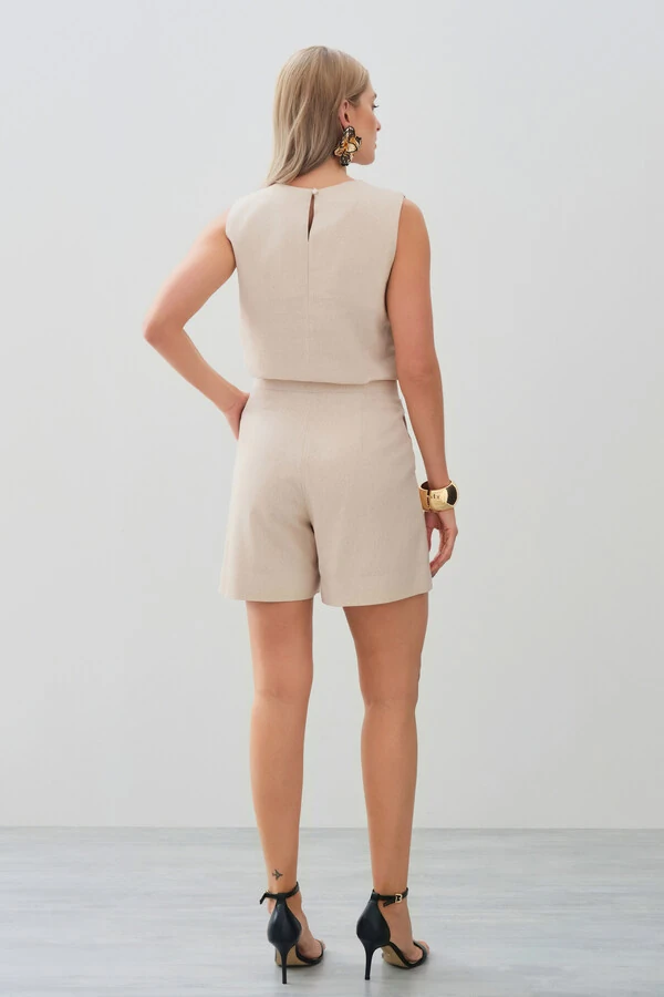 Conjunto de Linho de Blusa Regata Ombro Pregas e Shorts