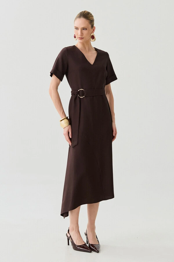 Vestido Midi Evasê Assimétrico Decote V Cinto Gold