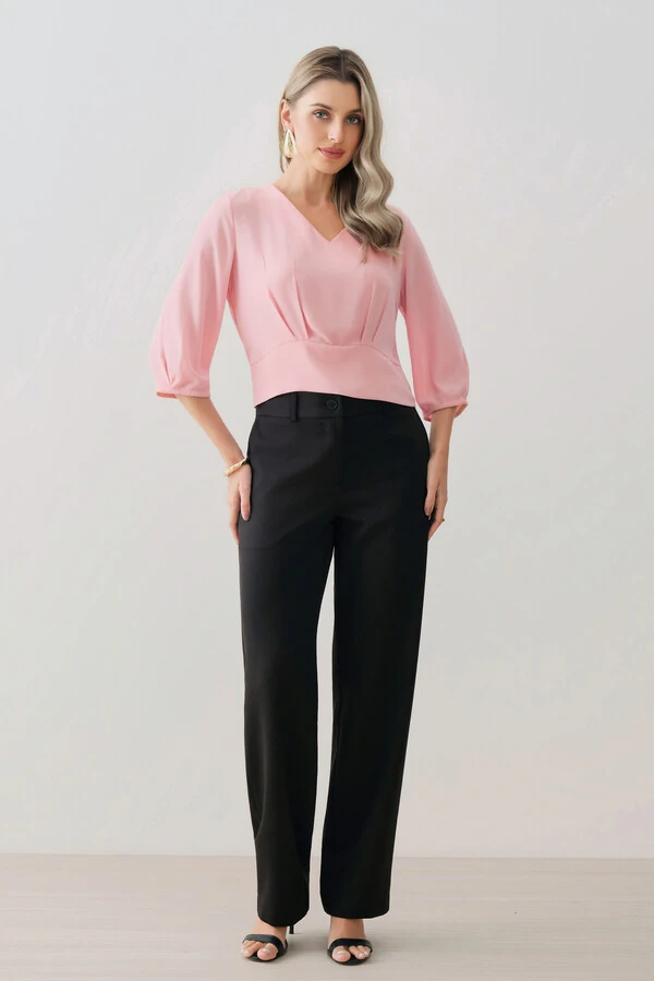 Blusa Crop Manga 3/4 Decote V Cintura Pregas Double