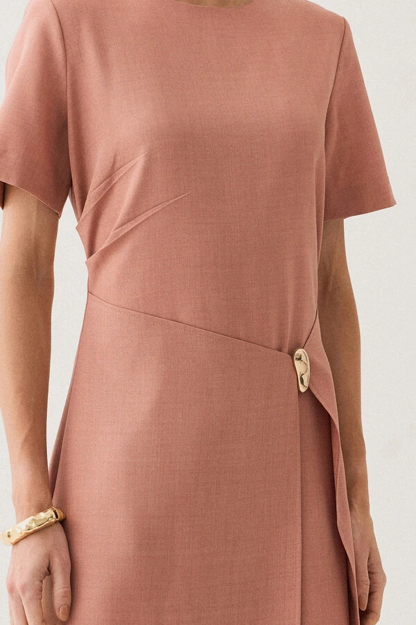 Vestido Midi de Alfaiataria Assimétrico Transpassado Pregas Gold