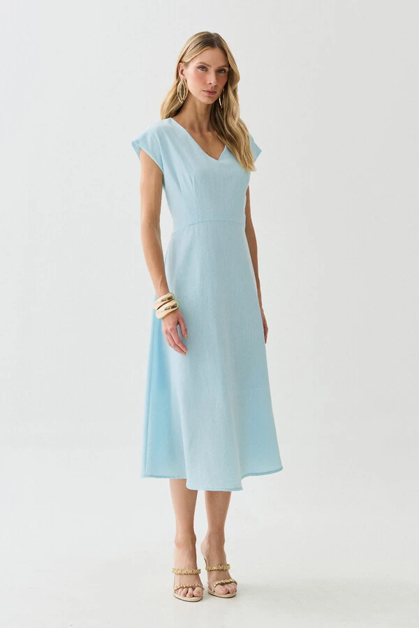 Vestido Midi Evasê Manga Morcego Decote V