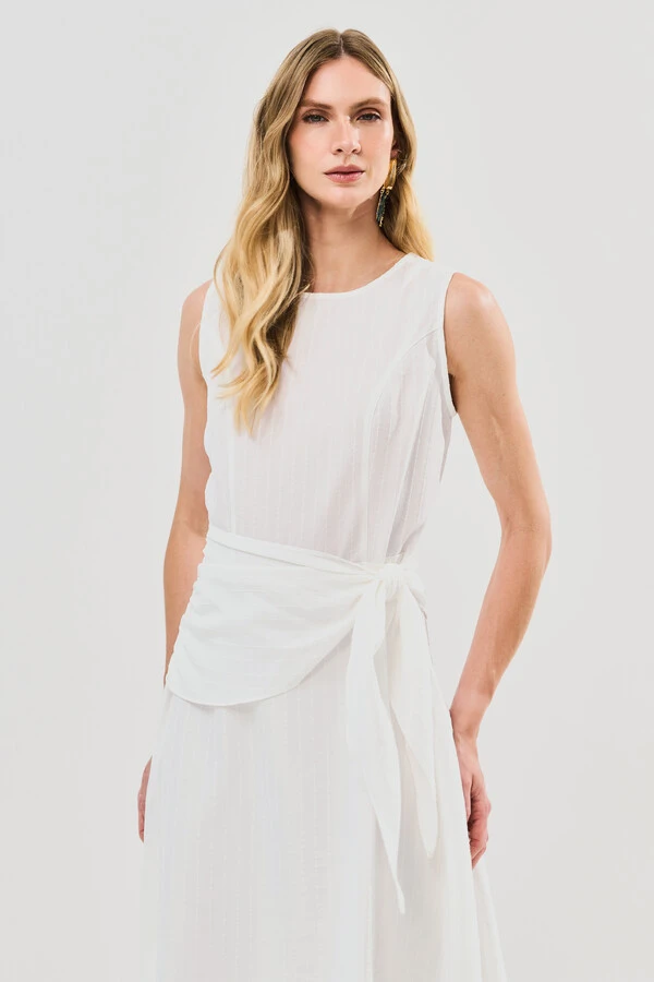 Vestido Midi Regata de Textrua Listrada Cintura Faixa Franzida