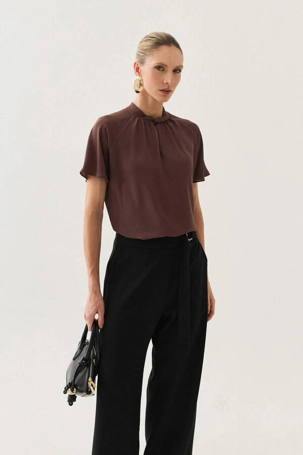 Blusa Manga Ralgan Gola Baixa Torcida Decote Gota Franzido