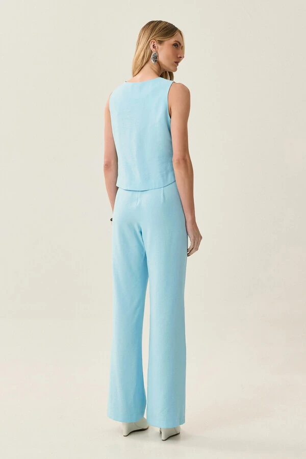 Conjunto de Alfaiataria de Blusa Regata Crop Recorte Calça Reta Aba Botões Forrados Double