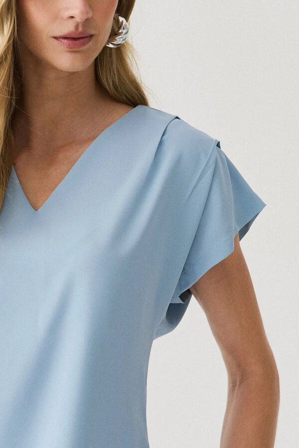 Blusa Manga Morcego Decote V Ombro Pregas Double