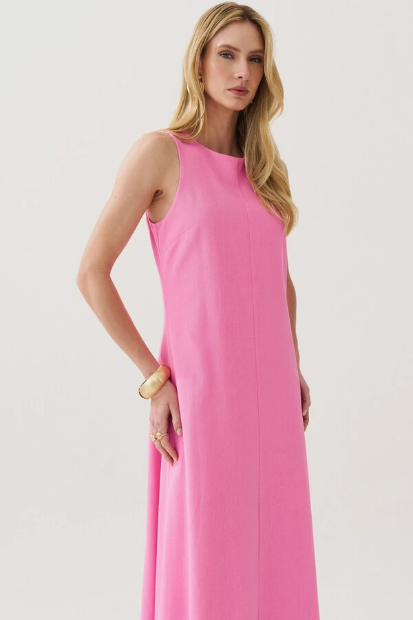 Vestido Midi Regata de Linho Recorte