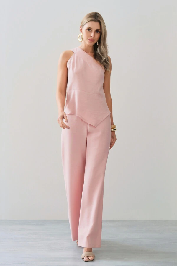 Conjunto de Blusa Regata Assimétrica Um Ombro Só Recorte Cintura e Calça Wide Leg Botão Forrado