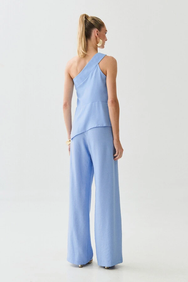 Conjunto de Blusa Regata Assimétrica Um Ombro Só Recorte Cintura e Calça Wide Leg Botão Forrado