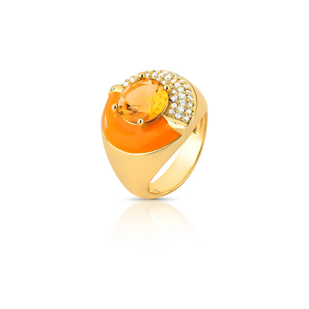 Foto Anel dedinho dourado redondo meio cravejado e meio esmaltado laranja com cristal laranja