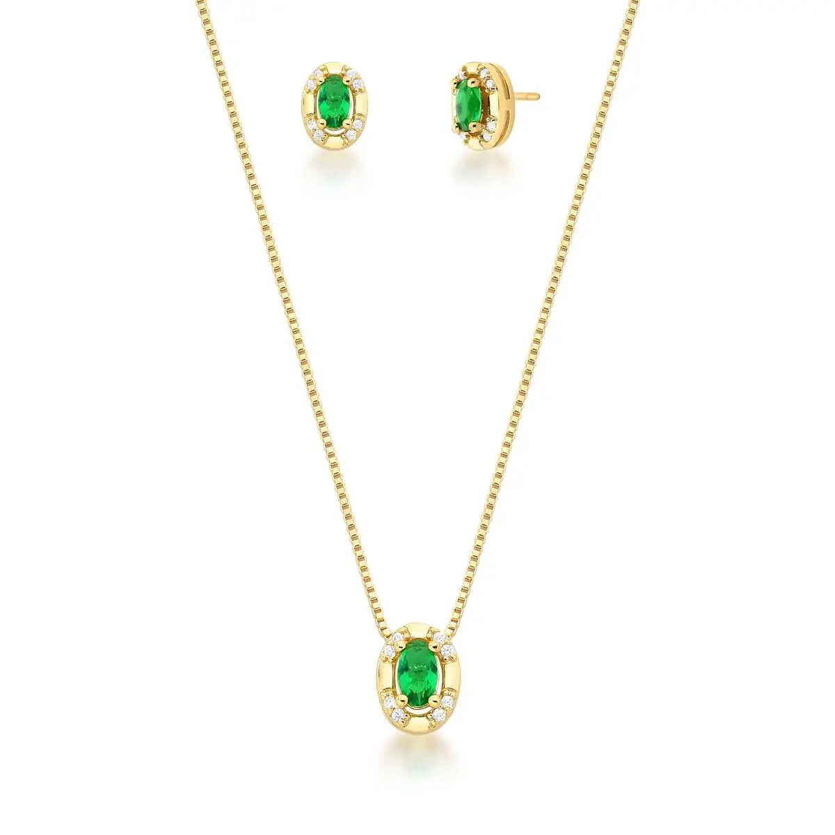 FotoConjunto dourado pingente oval esmeralda e cravejado com zircônia cristal