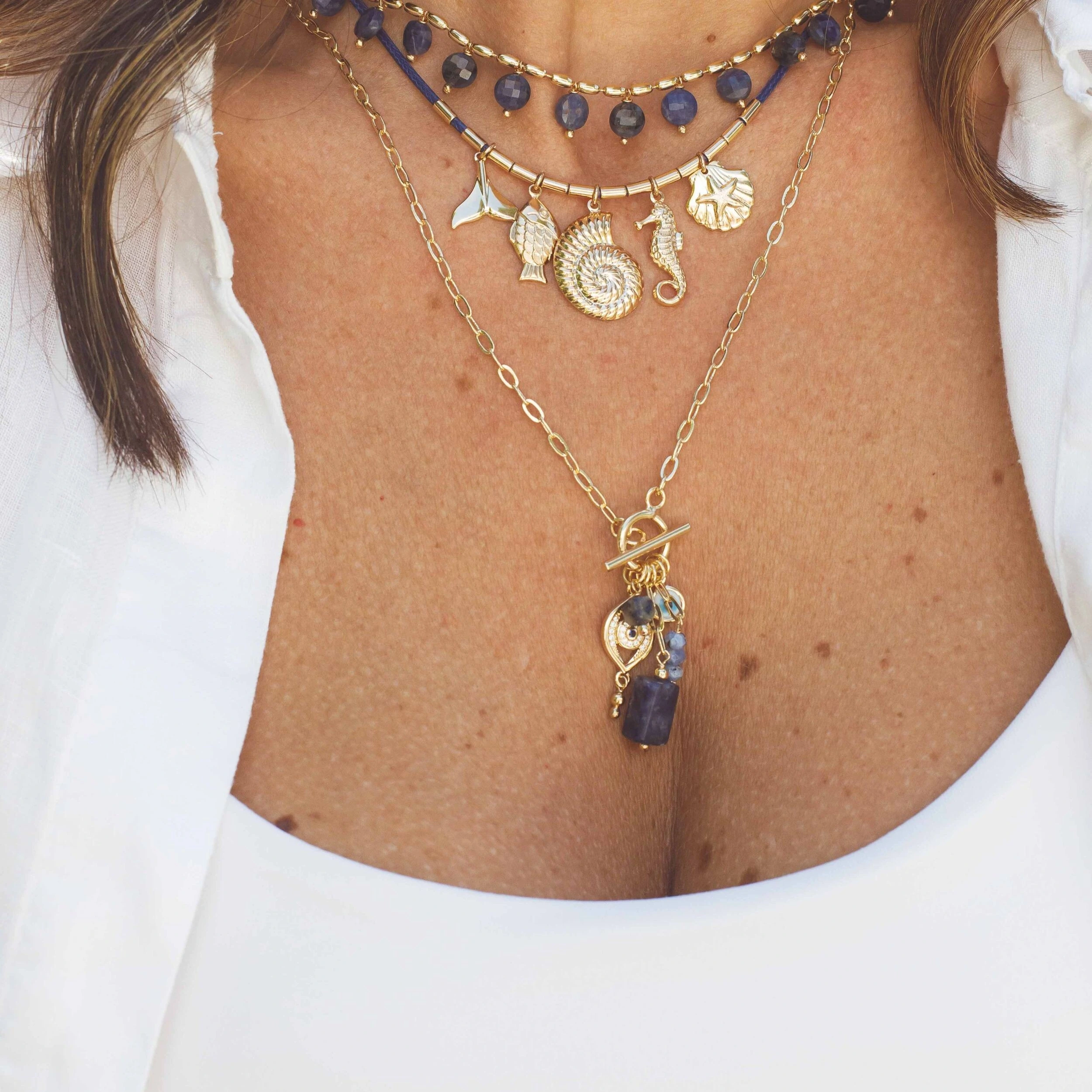 FotoColar dourado corrente elo cartier com pingente pedra natural sodalita e proteção