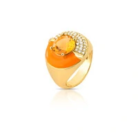 Anel dedinho dourado redondo meio cravejado e meio esmaltado laranja com cristal laranja