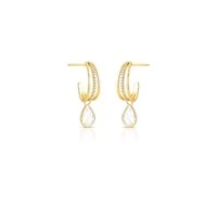 Brinco meia argola dourada 3 linhas com pingente cristal gota