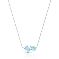 Colar com banho em ródio branco pingente retangular e gota água marinha