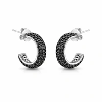 Brinco meia argola ródio branco cravejada 7 fileiras de zircônia negra