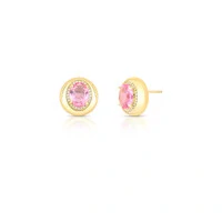 Brinco dourado oval rosa 4 garra enterno crav e base lisa