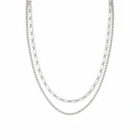 Colar ródio branco duplo esferas lisas e retangulos cristal