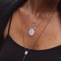 Colar prata 925 com pingente oval menor N S das graças cravejado entorno