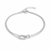 Pulseira ródio branco corrente dupla com pingente elo liso e cravejado inspired