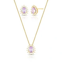 Conjunto dourado oval ametista e zircônias cristal entorno