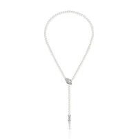 Colar em banho de ródio branco pérolas regulável com pingente snake cravejado