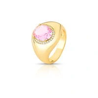 Anel dourado oval rosa 4 garra enterno crav e base lisa