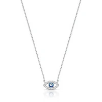 Colar prata 925 com pingente de olho grego vazado e esmaltado entorno zircônias cristal