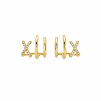 Brinco ear cuff dourado 2 linhas lisas e X cravejado